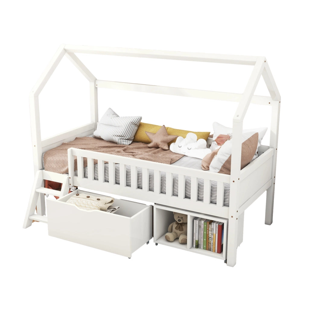 Letto a castello bianco con cassetti e scomparti 200x90 cm in legno massello di pino