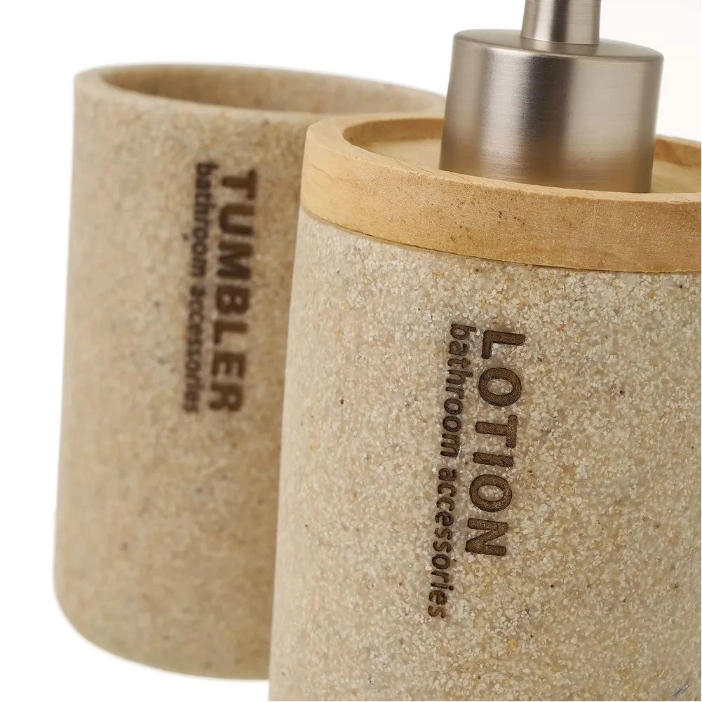 Set Bagno 3pz Con Dispenser Sapone Bicchiere Portaspazzolini Poliresina e Legno