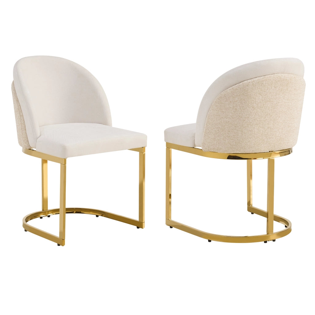 2 sedie da pranzo in Chenille beige e oro, schienale doppio, gambe in metallo galvanizzato, design moderno