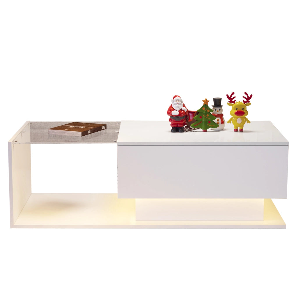 Tavolino da caffè bianco lucido con vetro; cassetto e LED Bluetooth 100x50x32 cm