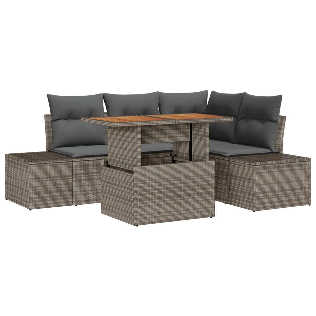 Set da Pranzo da Giardino 5 Pezzi con Cuscini Grigio Rattan Poliestere