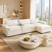 Divano modulare 4 posti con ricarica wireless, altoparlanti Bluetooth, luce, portabicchieri, ciniglia Beige/Bianco