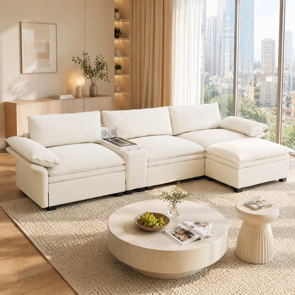 Divano modulare 4 posti con ricarica wireless, altoparlanti Bluetooth, luce, portabicchieri, ciniglia Beige/Bianco