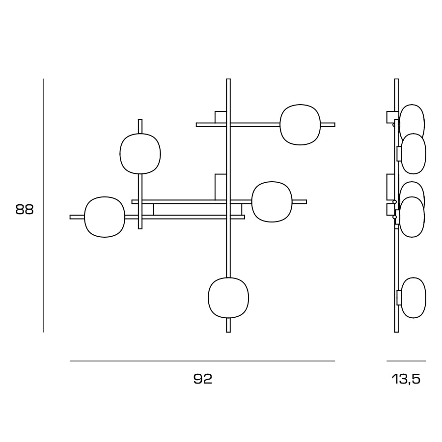 LINGOTTO APPLIQUE A PARETE 5 LUCI ARROTONDATA OPALINO STRUTTURA NERO PARTICOLARI ORO ATTACCO G9