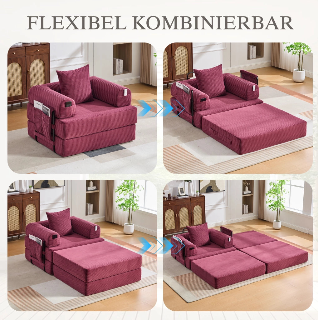 Divano modulare in velluto a coste con pouf e cuscino; 112 × 190 × 67 cm; rosso vino
