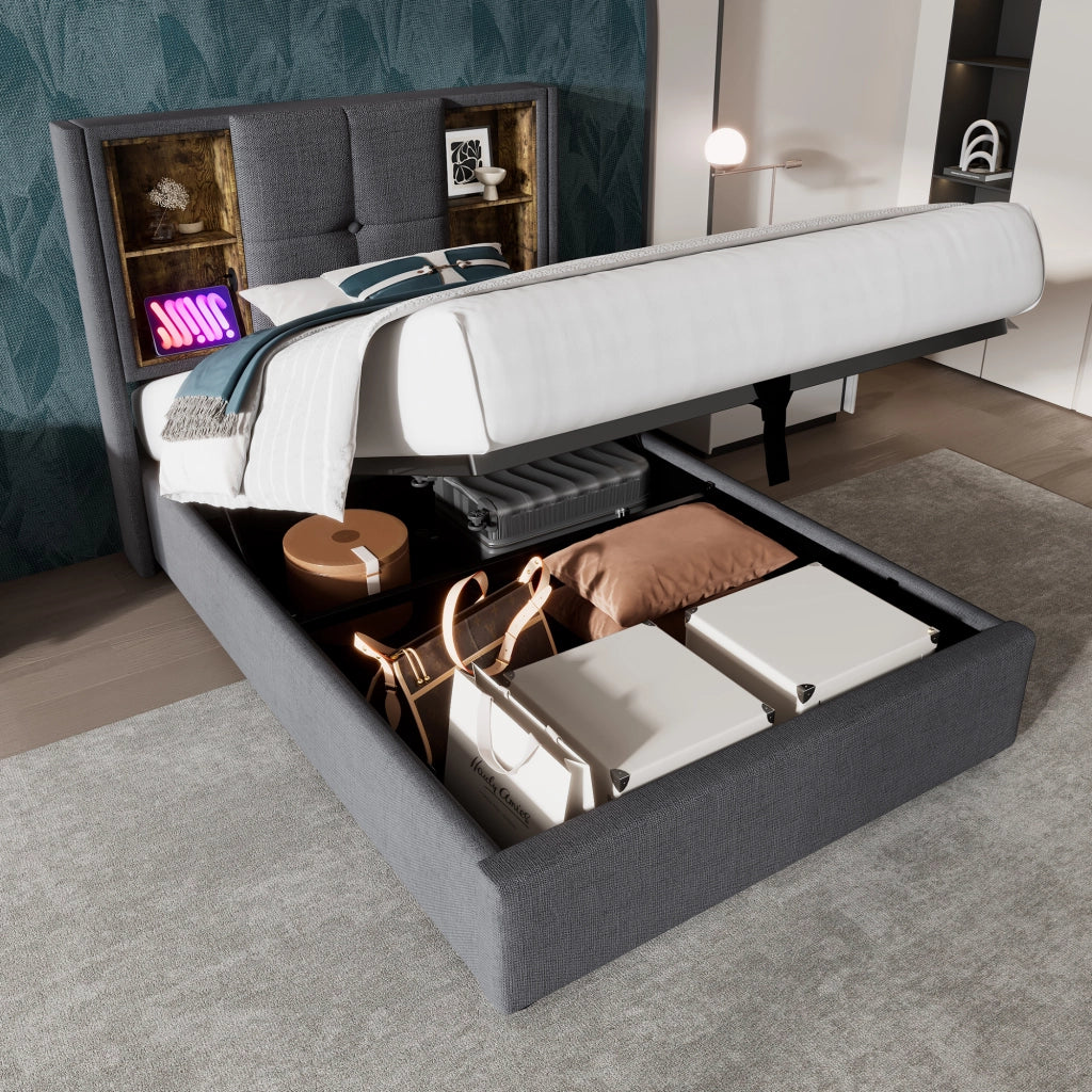 LETTO Contenitore 90x200 cm Grigio in cotone con ricarica wireless USB-C