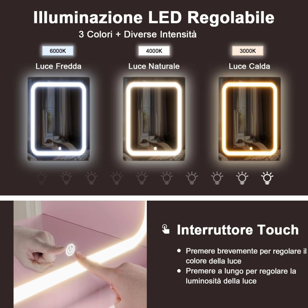 Toeletta da Trucco con 7 Cassetti, Postazione Trucco con Specchio a LED, Luminosità Regolabile,Tavolo da Toeletta con 4 Ripiani Aperti,per la Camera da Letto (Rosa)