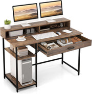 Scrivania con Cassetti, Supporto per Monitor e Ripiani Aperti, Scrivania Salvaspazio per Computer con Struttura in Metallo, Scrittoio per Studio e Ufficio, 120 x 56 x 90,5 cm, Marrone