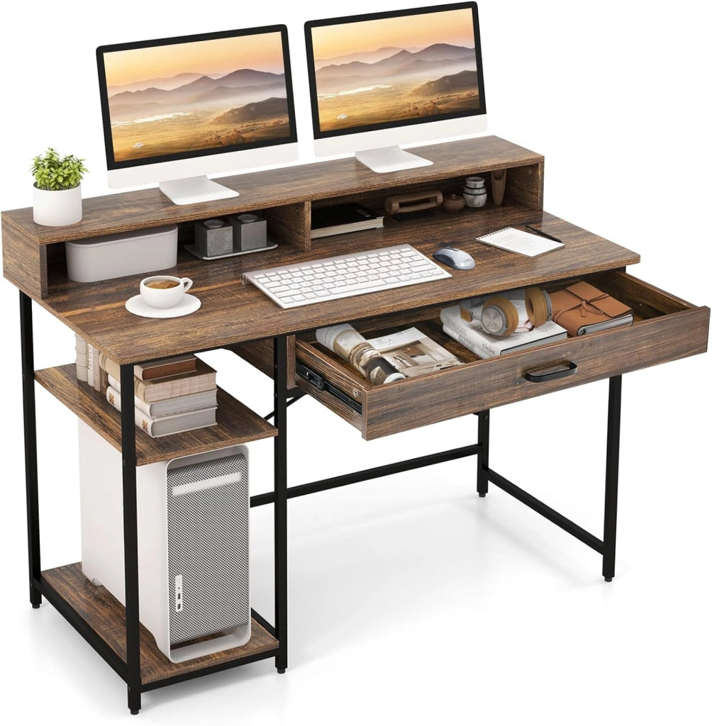 Scrivania con Cassetti, Supporto per Monitor e Ripiani Aperti, Scrivania Salvaspazio per Computer con Struttura in Metallo, Scrittoio per Studio e Ufficio, 120 x 56 x 90,5 cm, Marrone