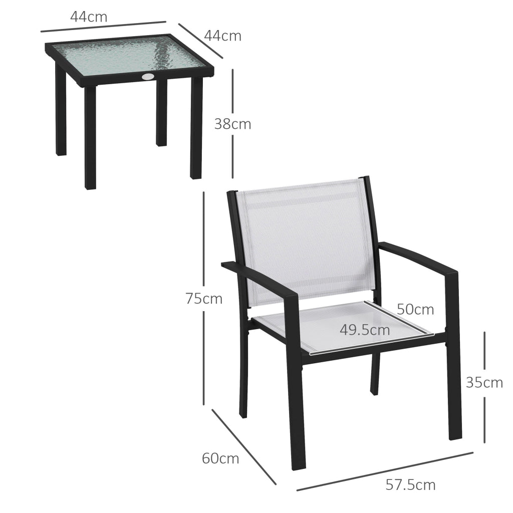 Set Tavolino con Piano in Vetro e 2 Sedie Impilabili da Giardino in Acciaio e Tessuto Grigio Chiaro