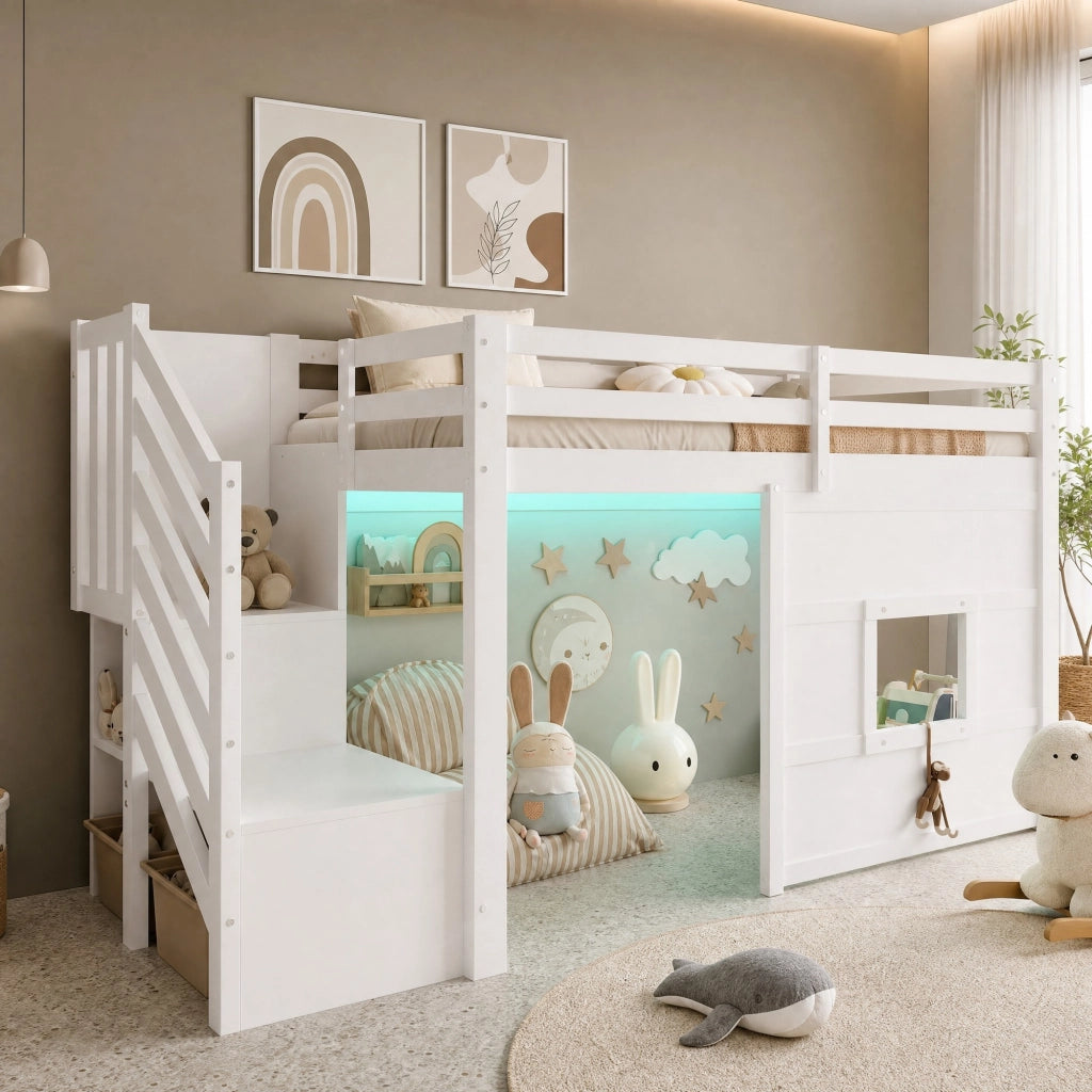 Letto a soppalco 90x200 cm bianco con scala contenitore, finestra e LED