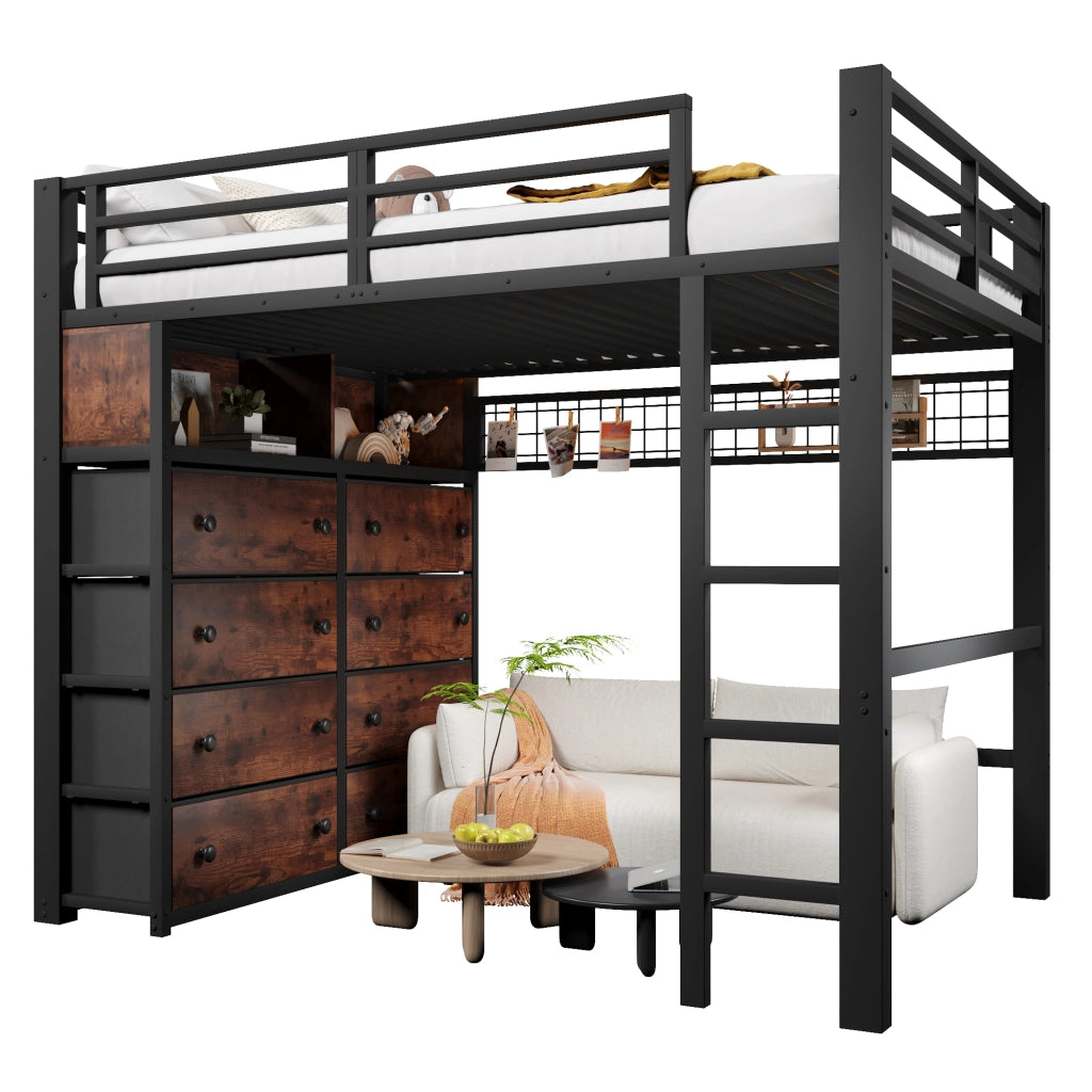 LETTO ALTO 140x200 cm Nero in Metallo e MDF con 8 cassetti