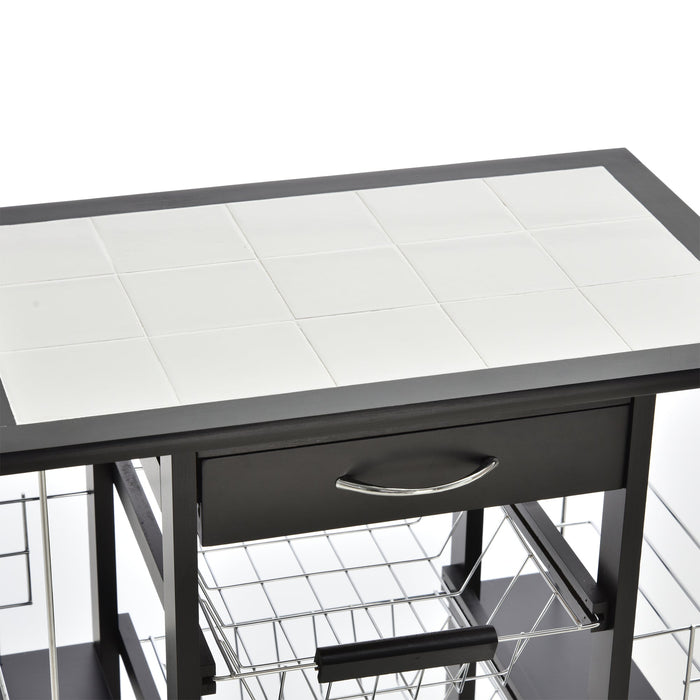 Carrello da Cucina con 4 Cestini e 4 Scomprati in Legno di Pino 57x37x83 cm  Nero