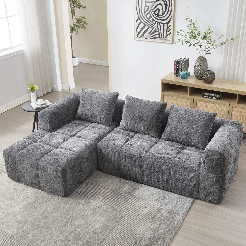 Divano angolare 3 posti con chaise longue braccioli e cuscini ¨C Minimal ¨C grigio tessuto chenille