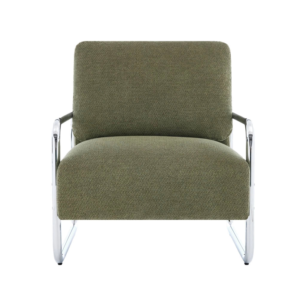 Poltrona vintage in tessuto chenille con struttura cromata, verde kaki