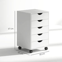 Cassettiera da Ufficio a 5 Cassetti 40x40x67 cm con Ruote Girevoli con Freni Bianco