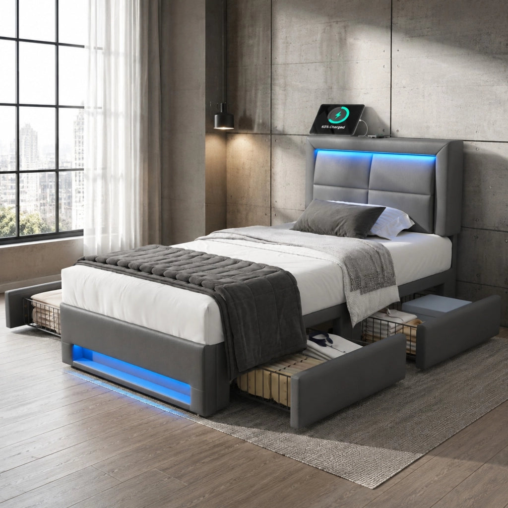 Letto imbottito 90x200 cm in PU grigio con USB, LED e 4 cassetti, senza materasso