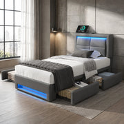 Letto imbottito 90x200 cm in PU grigio con USB, LED e 4 cassetti, senza materasso