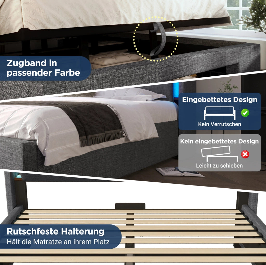 Letto imbottito 90x200 cm con contenitore; LED; prese USB e USB-C; materasso incluso; grigio