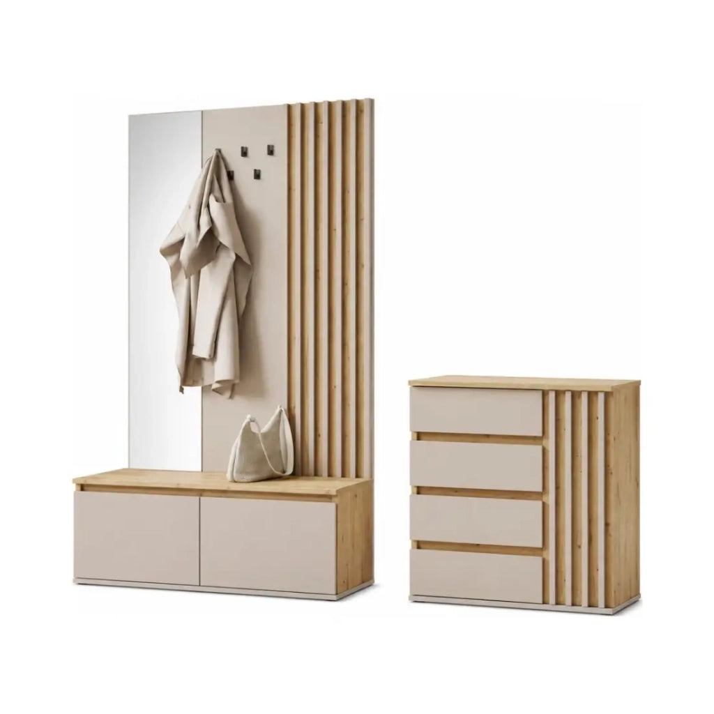 Set mobile da ingresso Mone con appendiabiti, specchio e cassettiera - Rovere chiaro e beige cachemire
