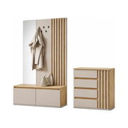 Set mobile da ingresso Mone con appendiabiti, specchio e cassettiera - Rovere chiaro e beige cachemire