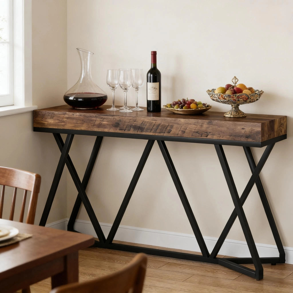Consolle industriale in MDF e metallo, piano effetto legno per ingresso e soggiorno, nero e marrone rustico, 140 × 30 cm