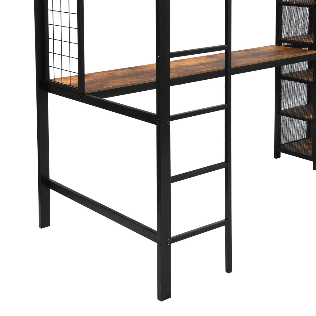 Letto a Soppalco Singolo con Scrivania; 5 Vani e Griglia in Metallo 90×200 cm; senza Materasso; Nero