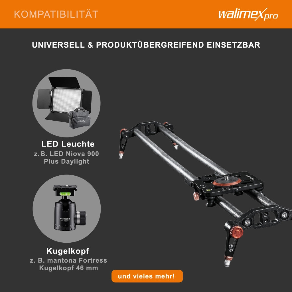 Walimex Pro Carbon Video Slider Pro (100 cm, movimenti fluidi della fotocamera, inclusa borsa per il trasporto e livella) nero