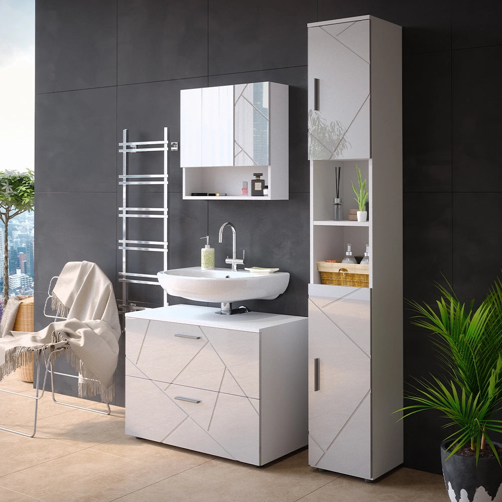 Vicco Set mobili bagno Bianco lucido 3 parti, con cassettiera e colonna