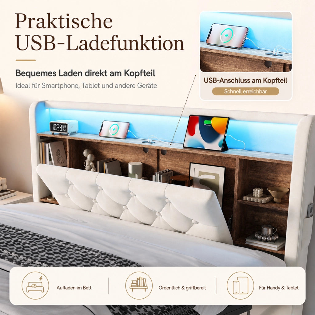 LETTO contenitore 140x200 cm in velluto beige con testiera multifunzione