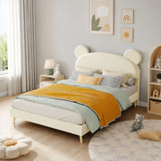 DESMIU Letto per bambini 140 × 200 cm con testiera orso, in tessuto e metallo, materasso incluso, beige