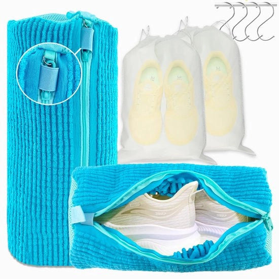 Sacco per scarpe XXL - 2-pack sacchi per scarpe riutilizzabili, 360° pulizia per sneakers, scarpe da sport, bambini, inclusi 2 sacchi impermeabili, 4 ganci S (blu)