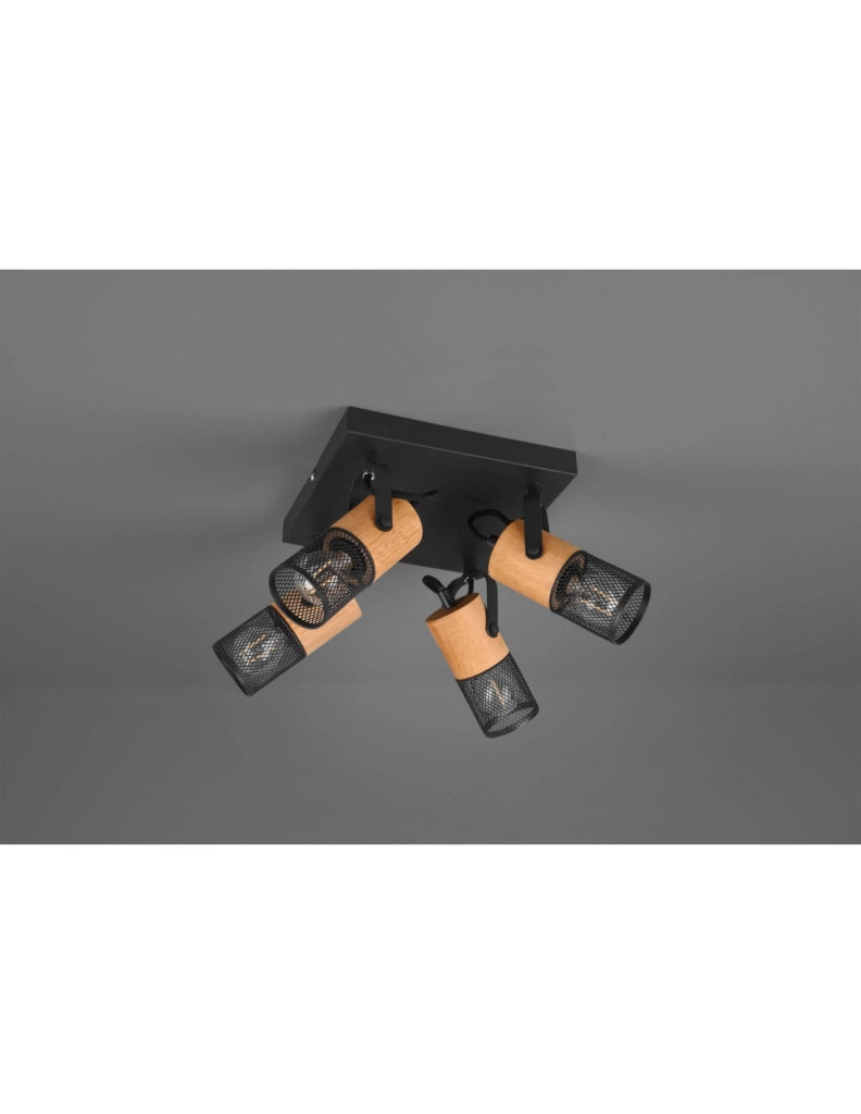 Plafoniera Tosh Nero 4xE14 Spot Legno E Gabbia Metallica 22x22 cm Trio Lighting