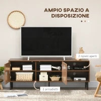 Mobile Porta TV fino 65" con 2 Armadietti e 2 Vani Aperti in Legno, 150x40x56cm, Marrone
