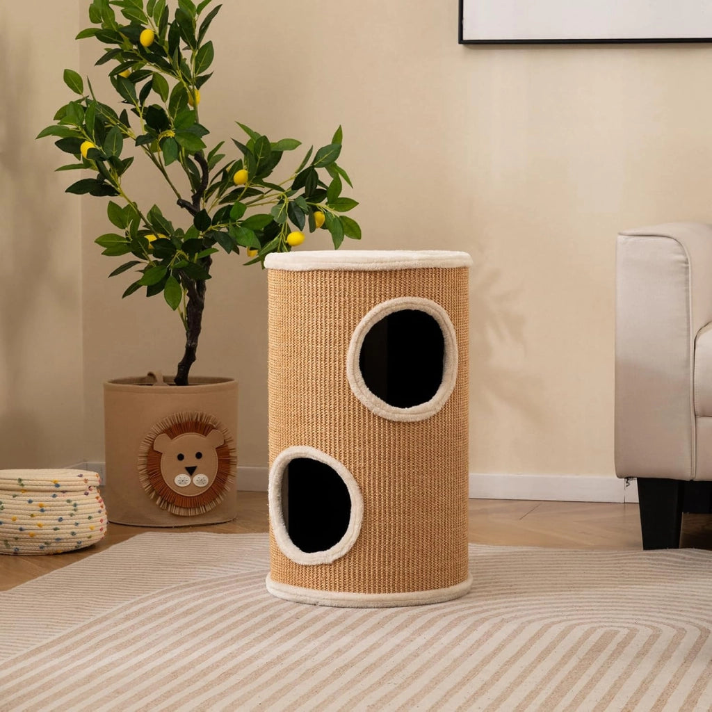Tiragraffi per Gatti a Torre 60 cm, 3 Piani con 2 Grotte, Cuccia Albero per Gatti con Superficie Tiragraffi in Sisal, Tubo Stabile da Interno Ø36, Arancione