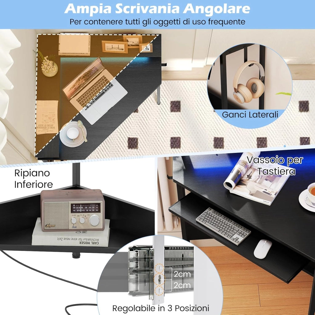 Scrivania per Computer, Scrivania Gaming Triangolare con Stazione di Ricarica, LED, Vassoio per Tastiera e Supporto per Monitor, 80 x 80 x 88 cm, Desk Salvaspazio con Ganci e Scaffale (Nero)