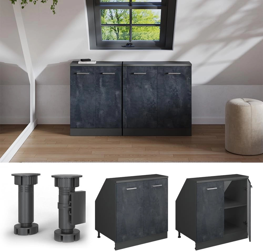 Mobile sottotetto Rion, Calcestruzzo nero, 80 x 81.6 cm con 2 porte, carcassa 60 cm profondità, adatto per il salvaspazio sotto tetti spioventi