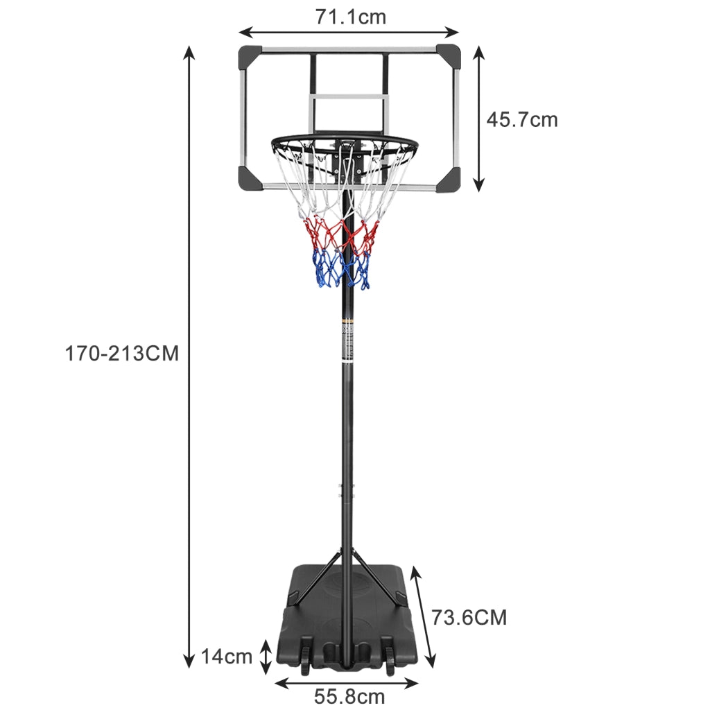 Canestro da basket con altezza regolabile 170–213 cm, ruote, per interno ed esterno, nero