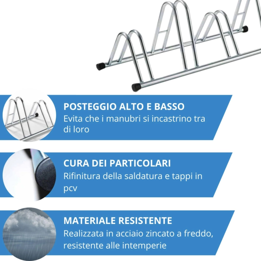 Andrys Rastrelliera Bici 4 Posti Alto/Basso Ruote 6cm Zincato Argento