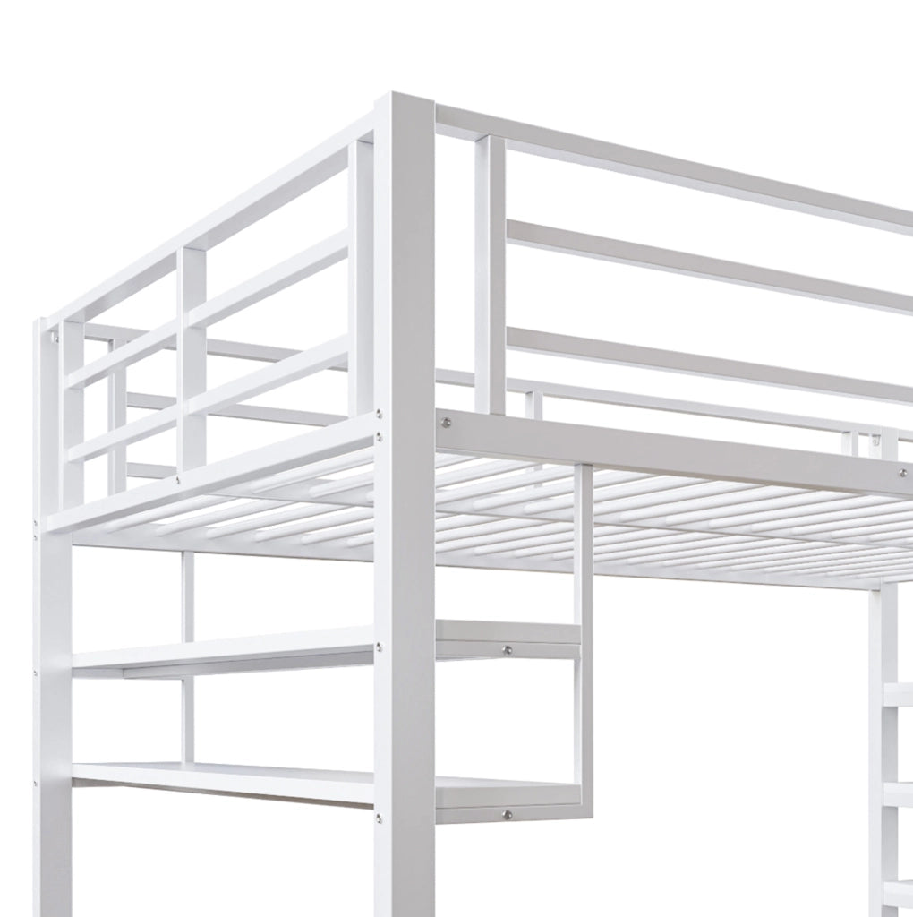 Letto a soppalco per bambini 140x200 cm bianco con scaffali e scala contenitore