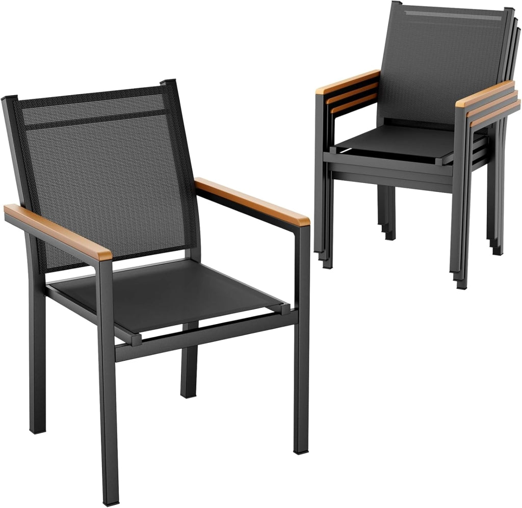 Sedie Da Giardino set da 4, Sedia impilabile per sala da pranzo in alluminio, Corrimano in WPC, Sedie Da Esterno Per Esterni, per terrazza, balcone, terrazza, piscina, ristorante, Nero