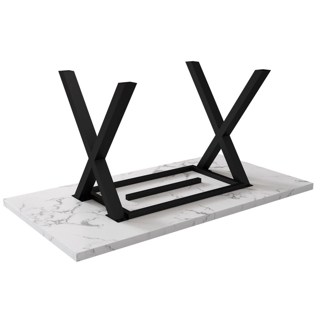 Tavolo da pranzo in MDF effetto marmo con gambe incrociate, stile moderno, per soggiorno e sala da pranzo, bianco