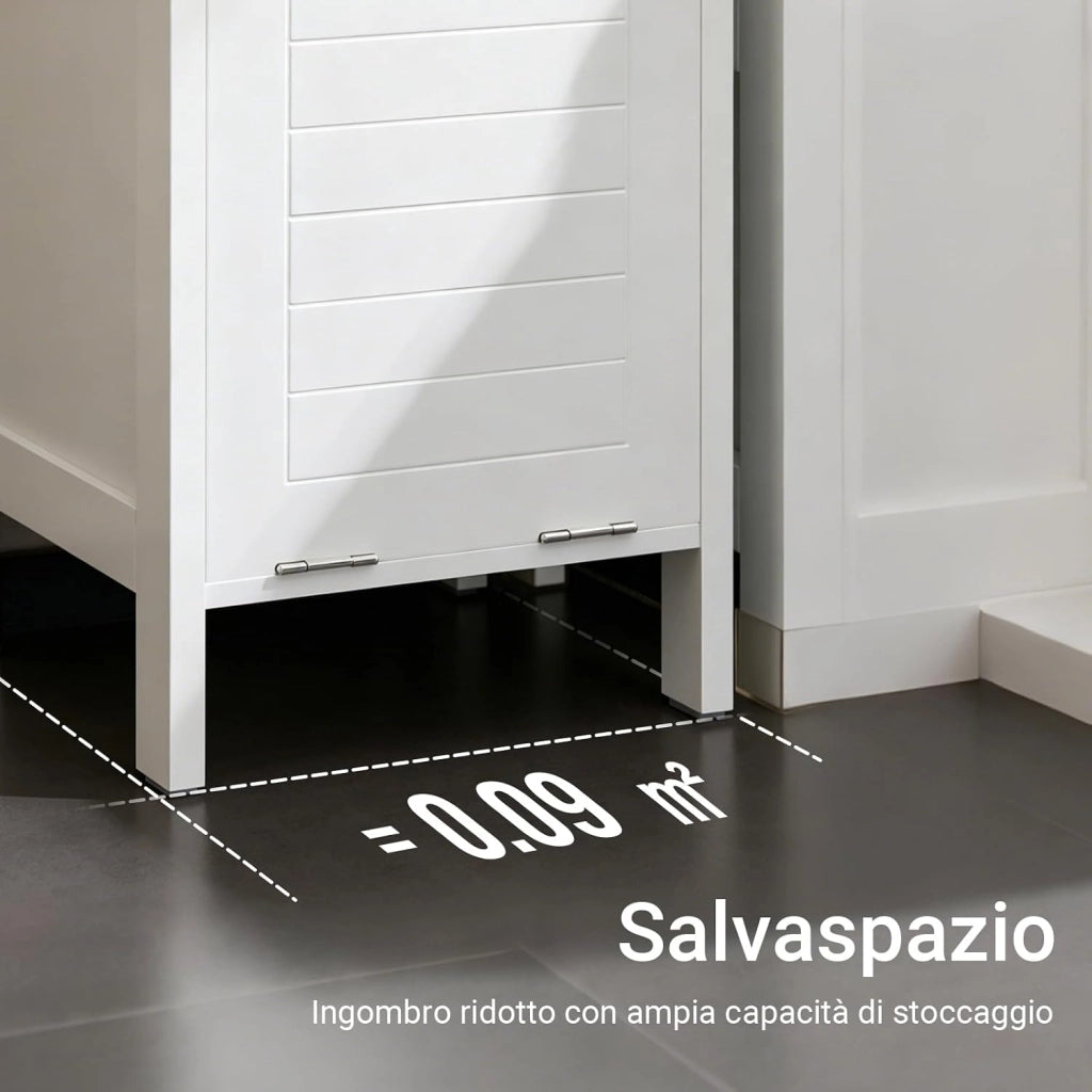Mobile Bagno Salvaspazio con Portabiancheria Colonna Bagno 145cm con Ripiani Aperti e Cesto Estraibile Armadio Alto Bianco BZR123-W