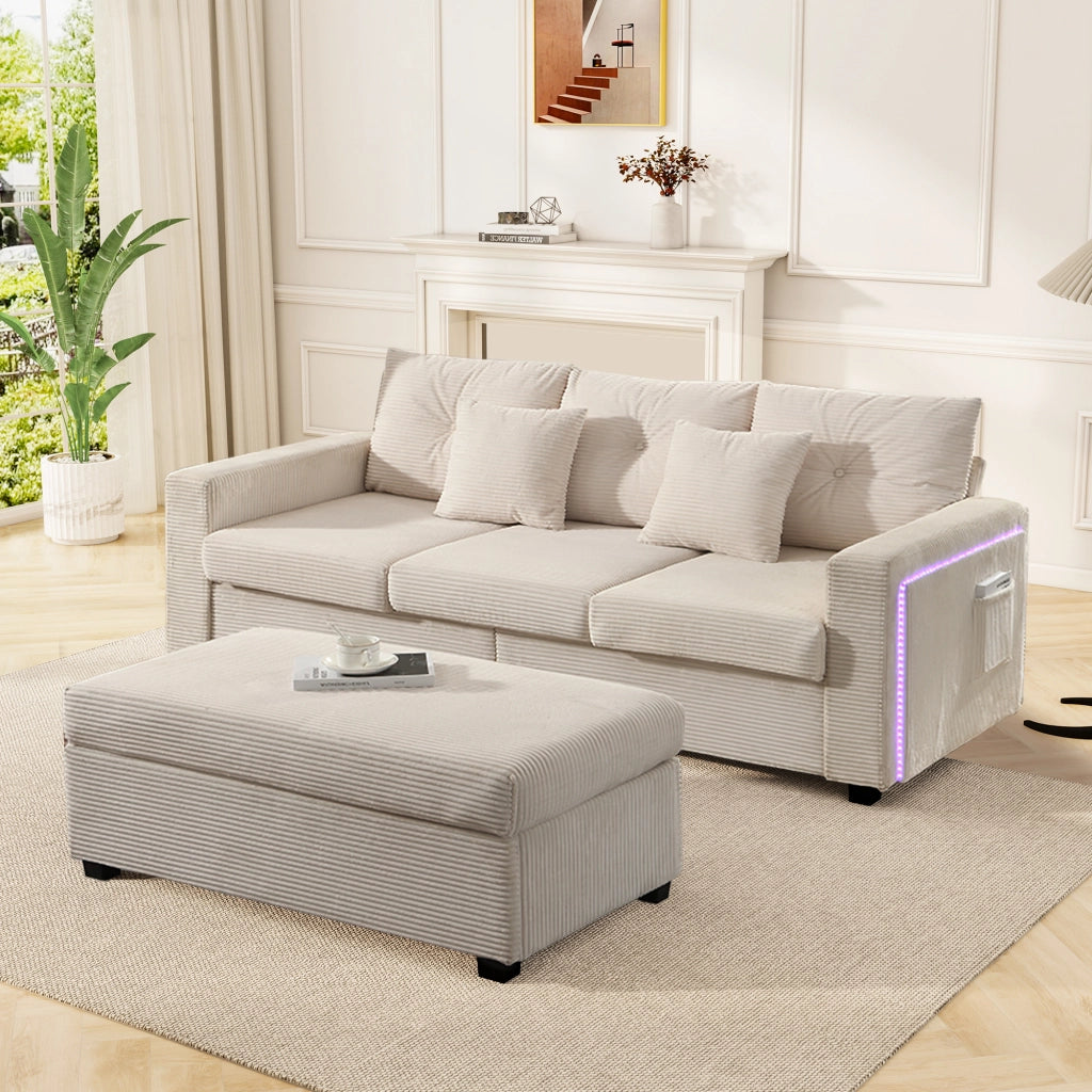 DIVANO Angolare LED con pouf 98x51 cm Beige in tessuto cord