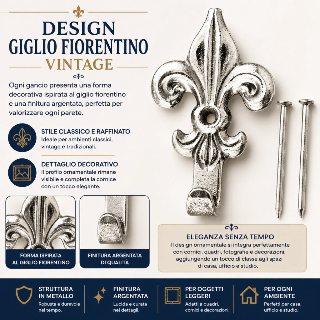 15 Ganci Argentati per Quadri 4,5 cm con Chiodi 17 mm Giglio 66883