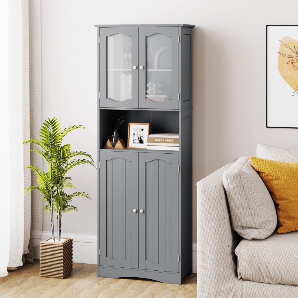 Armadio da bagno alto-Mobiletto da bagno 164cm con porte in vetro satinato e ripiani, Mobile autonomo per cucina soggiorno ufficio Grigio