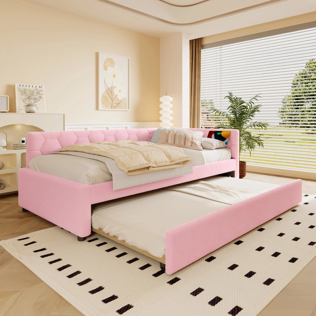 Letto singolo estraibile 90×200 cm con USB; Type-C; lampada; rete; senza materasso; tessuto non tessuto e MDF; rosa
