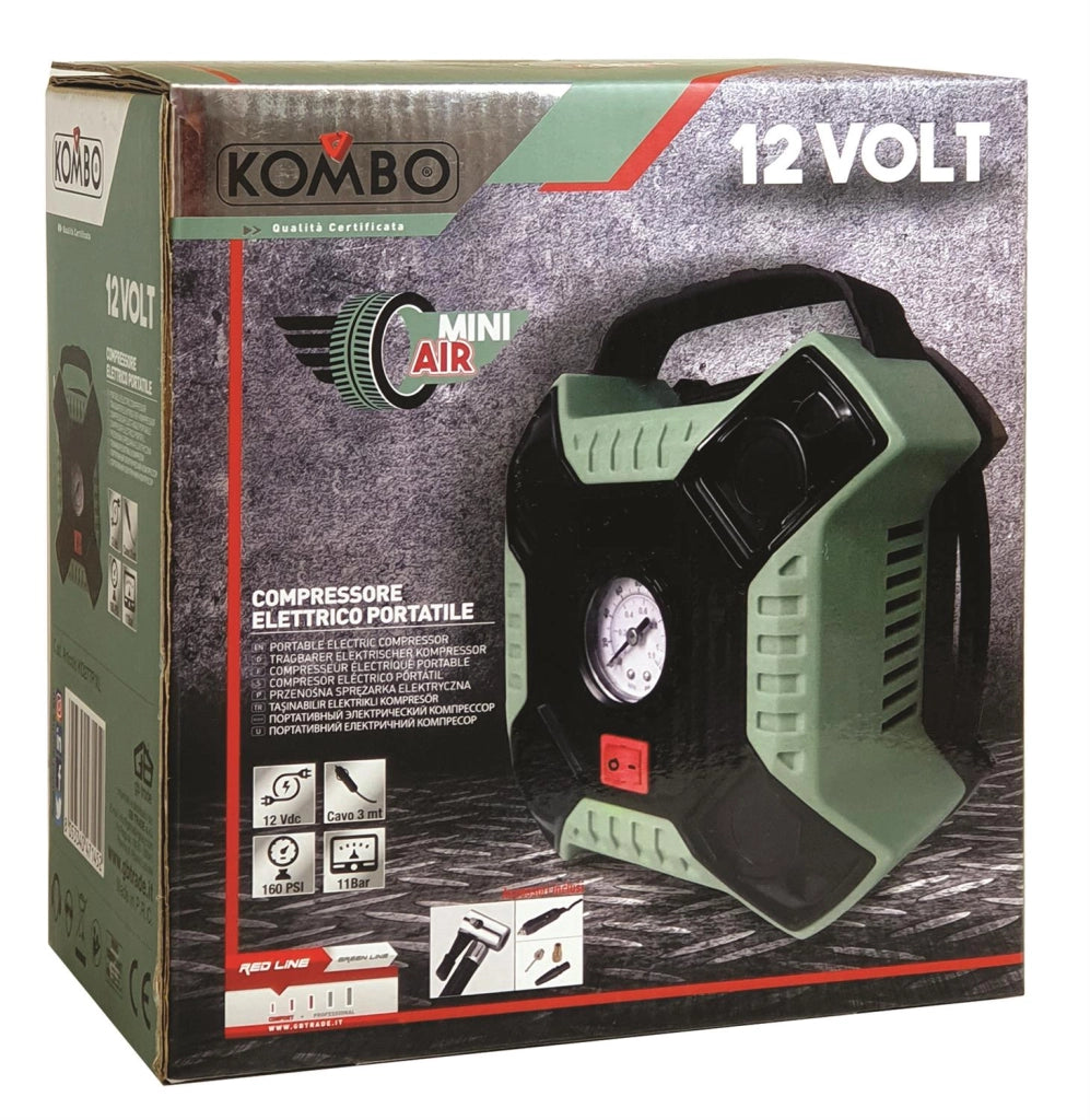 COMPRESSORE ELETTRICO PORTATILE  DA 12V CON 3 ADATTATORI E CAVO DA 3 MT PRESSIONE MAX: 160PSI/11BAR  OKP