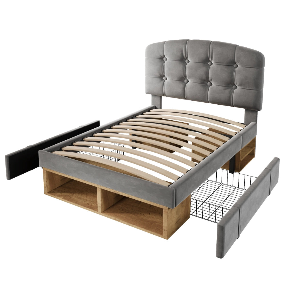 Letto singolo 90x200 cm con cassetti e vano contenitore; velluto grigio