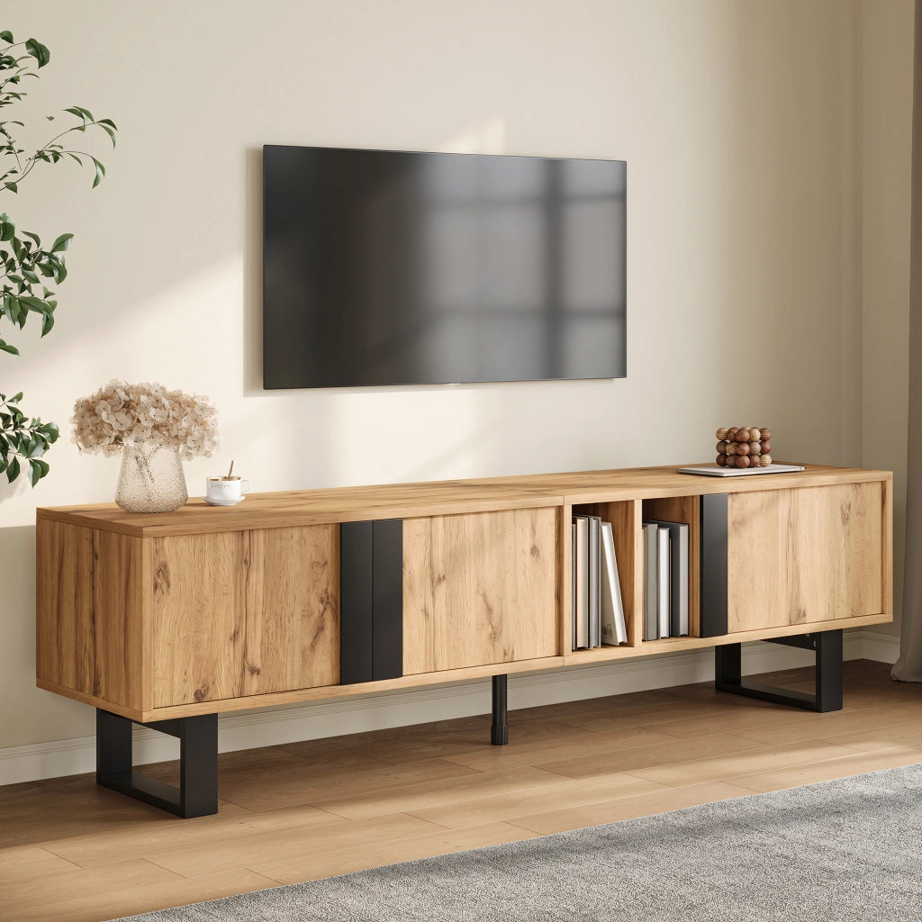 Mobile TV con 3 ante e 2 vani aperti; passacavi - per soggiorno - 160×40×50 cm - naturale